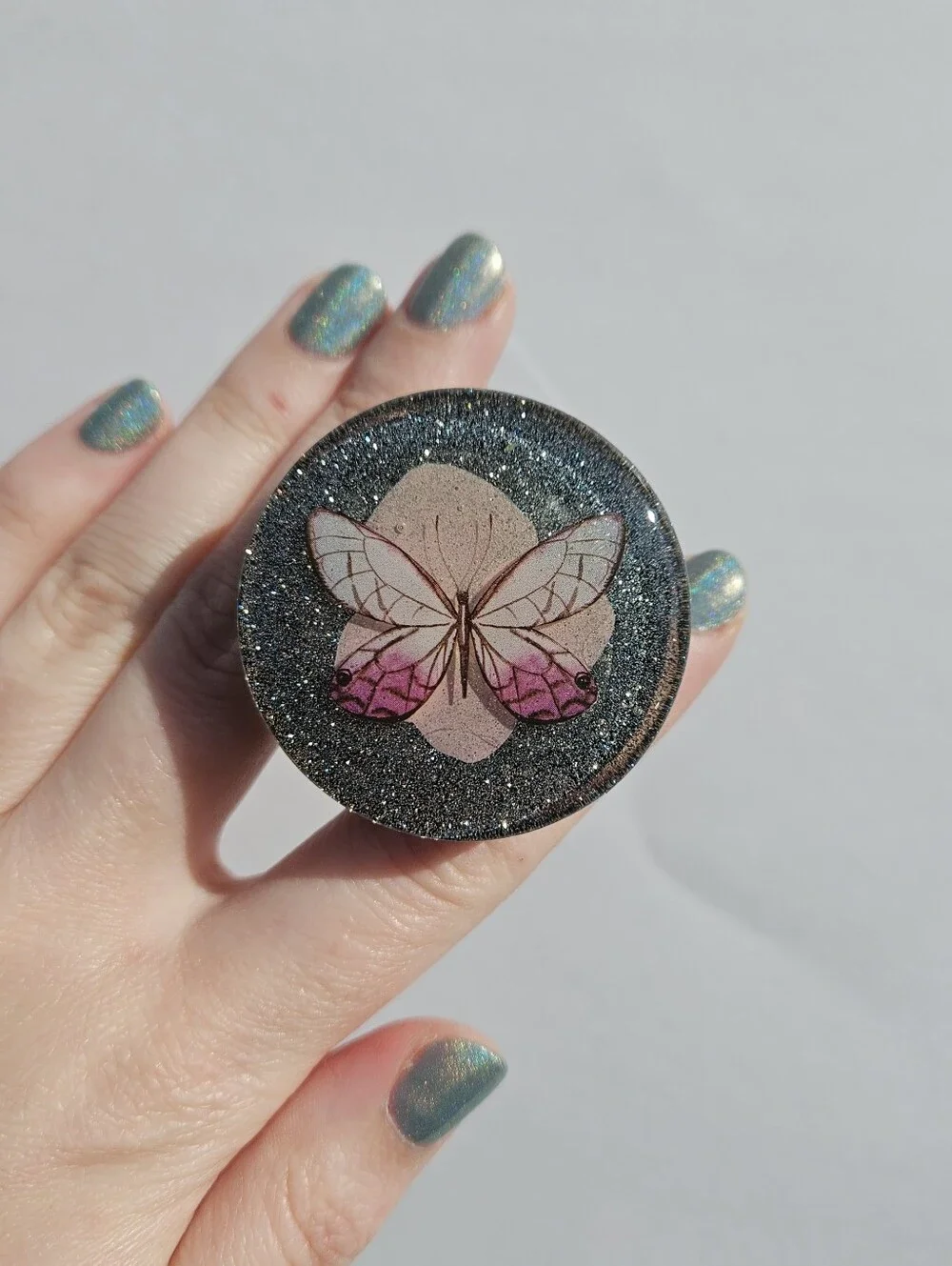 Handmade Pink Butterfly & Flower Resin Phone Grip Whimsical Cute Silver Glitter